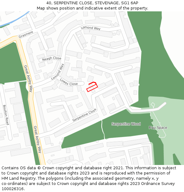 40, SERPENTINE CLOSE, STEVENAGE, SG1 6AP: Location map and indicative extent of plot
