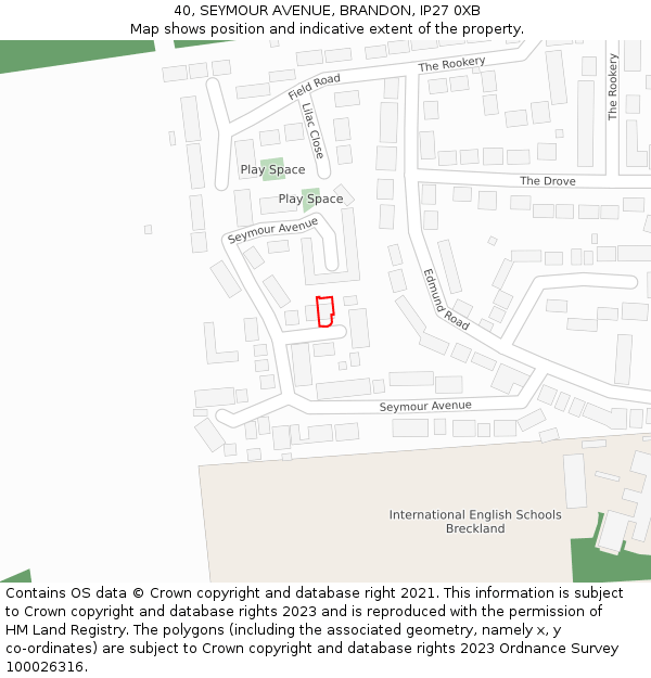 40, SEYMOUR AVENUE, BRANDON, IP27 0XB: Location map and indicative extent of plot