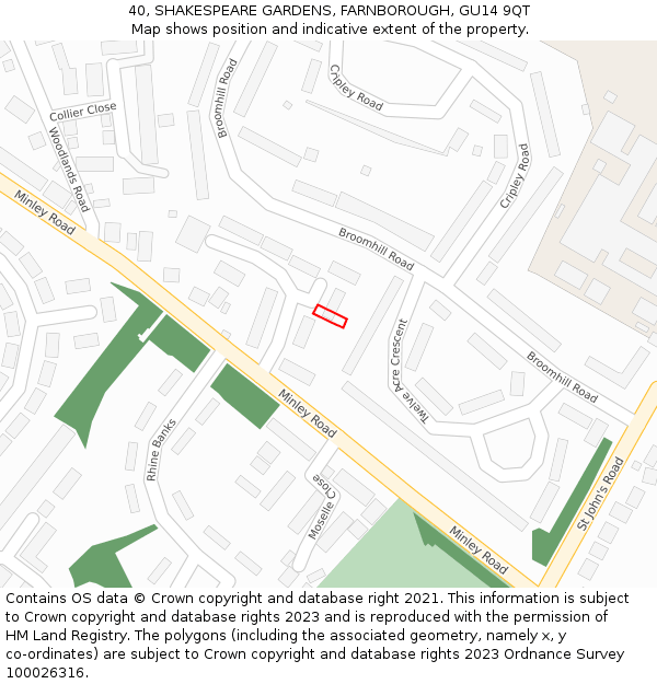 40, SHAKESPEARE GARDENS, FARNBOROUGH, GU14 9QT: Location map and indicative extent of plot