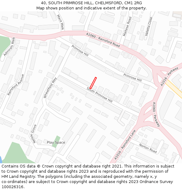 40, SOUTH PRIMROSE HILL, CHELMSFORD, CM1 2RG: Location map and indicative extent of plot