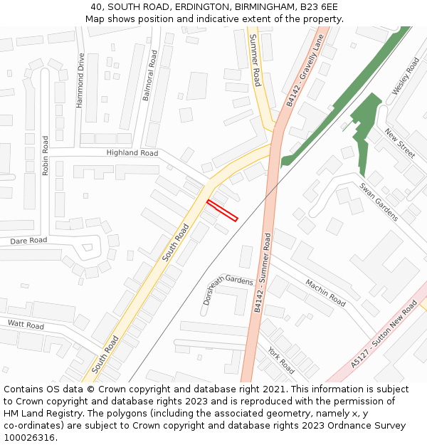 40, SOUTH ROAD, ERDINGTON, BIRMINGHAM, B23 6EE: Location map and indicative extent of plot