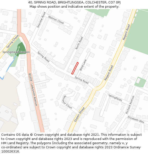 40, SPRING ROAD, BRIGHTLINGSEA, COLCHESTER, CO7 0PJ: Location map and indicative extent of plot