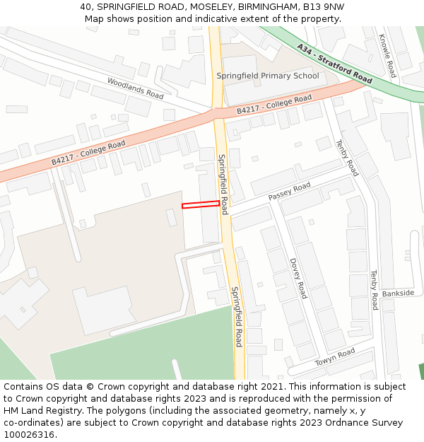 40, SPRINGFIELD ROAD, MOSELEY, BIRMINGHAM, B13 9NW: Location map and indicative extent of plot