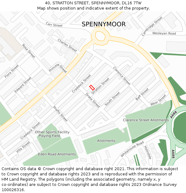40, STRATTON STREET, SPENNYMOOR, DL16 7TW: Location map and indicative extent of plot