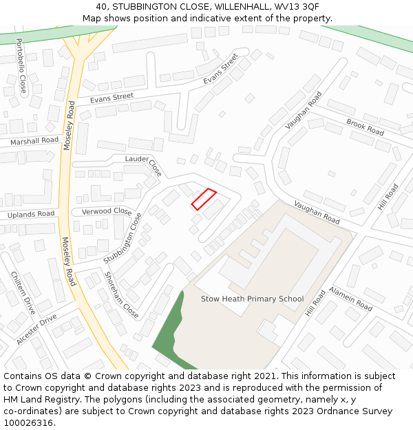 40, STUBBINGTON CLOSE, WILLENHALL, WV13 3QF: Location map and indicative extent of plot