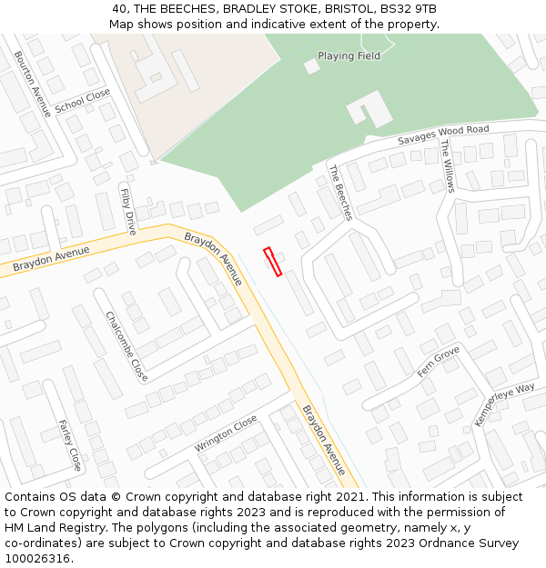40, THE BEECHES, BRADLEY STOKE, BRISTOL, BS32 9TB: Location map and indicative extent of plot