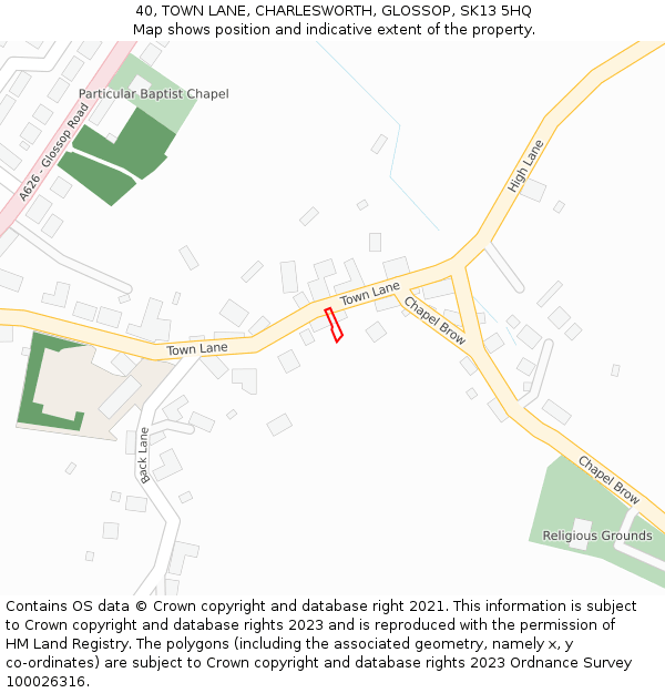 40, TOWN LANE, CHARLESWORTH, GLOSSOP, SK13 5HQ: Location map and indicative extent of plot