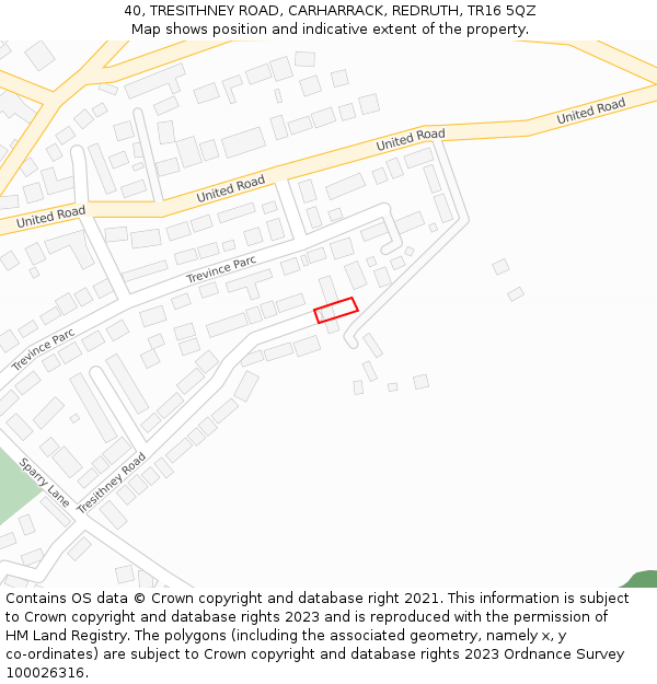 40, TRESITHNEY ROAD, CARHARRACK, REDRUTH, TR16 5QZ: Location map and indicative extent of plot