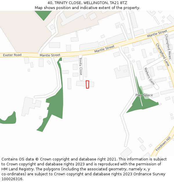 40, TRINITY CLOSE, WELLINGTON, TA21 8TZ: Location map and indicative extent of plot
