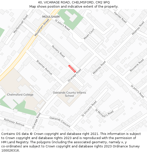 40, VICARAGE ROAD, CHELMSFORD, CM2 9PQ: Location map and indicative extent of plot