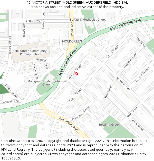 40, VICTORIA STREET, MOLDGREEN, HUDDERSFIELD, HD5 8AL: Location map and indicative extent of plot