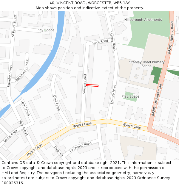 40, VINCENT ROAD, WORCESTER, WR5 1AY: Location map and indicative extent of plot