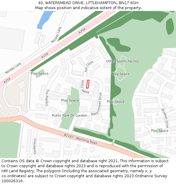 40, WATERSMEAD DRIVE, LITTLEHAMPTON, BN17 6GH: Location map and indicative extent of plot