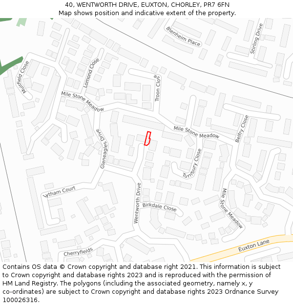40, WENTWORTH DRIVE, EUXTON, CHORLEY, PR7 6FN: Location map and indicative extent of plot