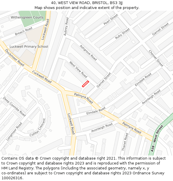 40, WEST VIEW ROAD, BRISTOL, BS3 3JJ: Location map and indicative extent of plot