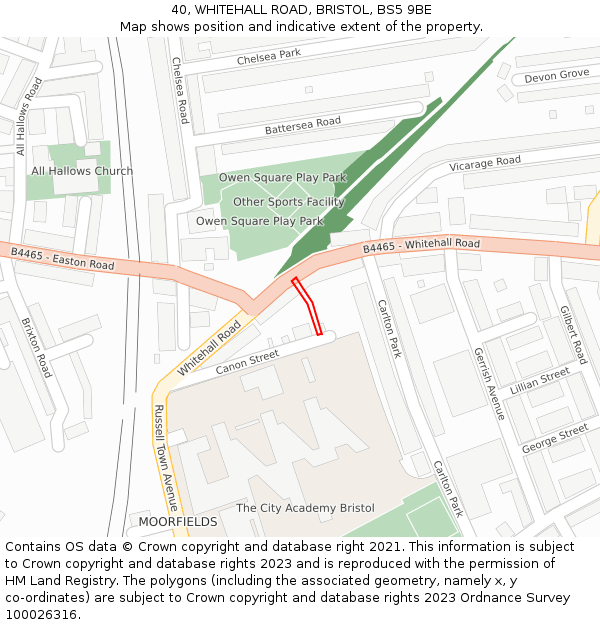 40, WHITEHALL ROAD, BRISTOL, BS5 9BE: Location map and indicative extent of plot