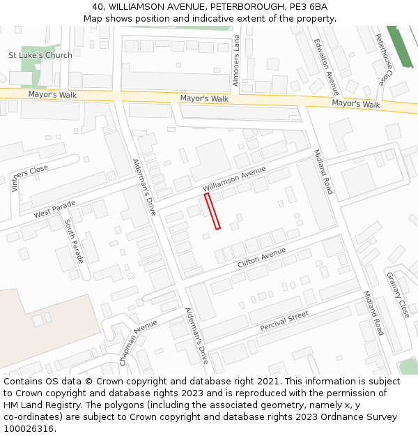 40, WILLIAMSON AVENUE, PETERBOROUGH, PE3 6BA: Location map and indicative extent of plot