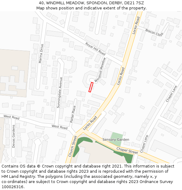 40, WINDMILL MEADOW, SPONDON, DERBY, DE21 7SZ: Location map and indicative extent of plot