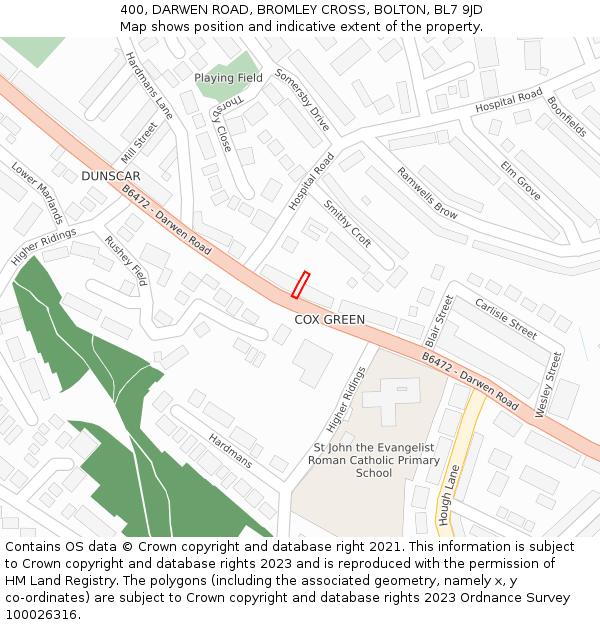 400, DARWEN ROAD, BROMLEY CROSS, BOLTON, BL7 9JD: Location map and indicative extent of plot