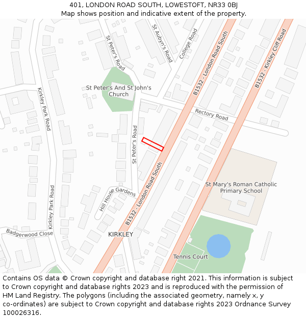 401, LONDON ROAD SOUTH, LOWESTOFT, NR33 0BJ: Location map and indicative extent of plot