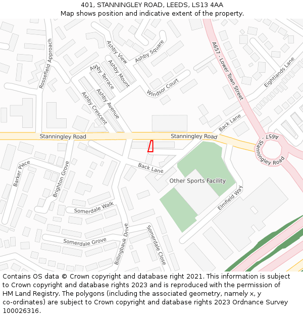 401, STANNINGLEY ROAD, LEEDS, LS13 4AA: Location map and indicative extent of plot