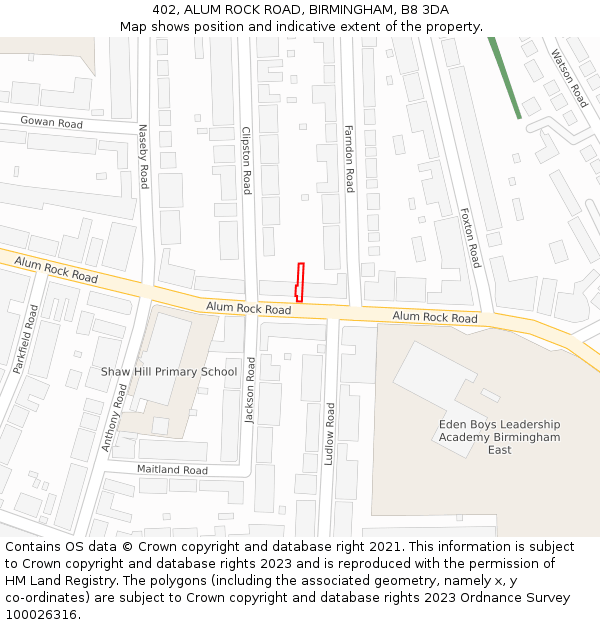 402, ALUM ROCK ROAD, BIRMINGHAM, B8 3DA: Location map and indicative extent of plot