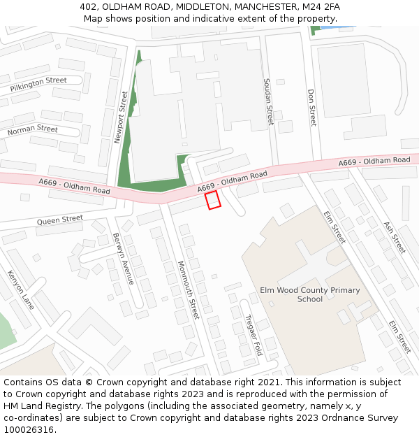 402, OLDHAM ROAD, MIDDLETON, MANCHESTER, M24 2FA: Location map and indicative extent of plot