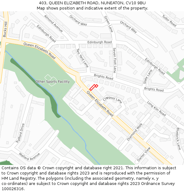 403, QUEEN ELIZABETH ROAD, NUNEATON, CV10 9BU: Location map and indicative extent of plot