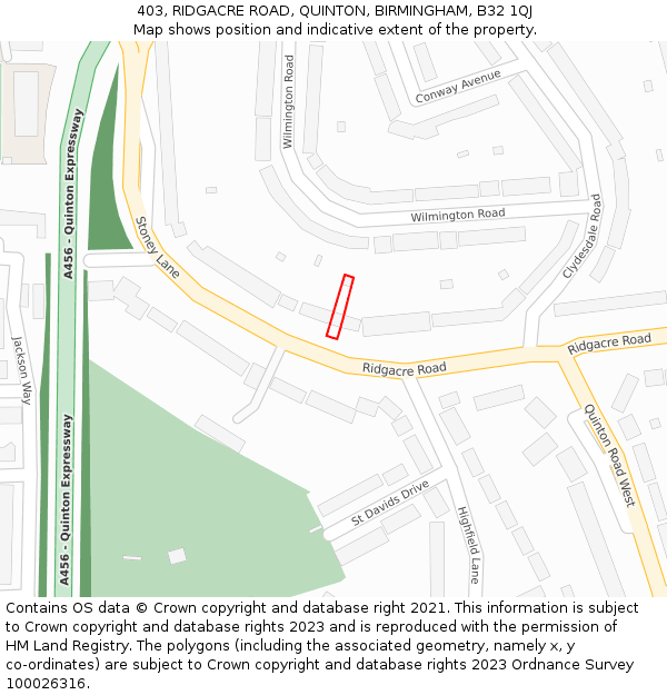 403, RIDGACRE ROAD, QUINTON, BIRMINGHAM, B32 1QJ: Location map and indicative extent of plot
