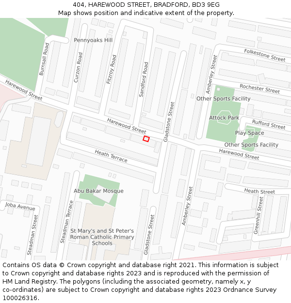 404, HAREWOOD STREET, BRADFORD, BD3 9EG: Location map and indicative extent of plot