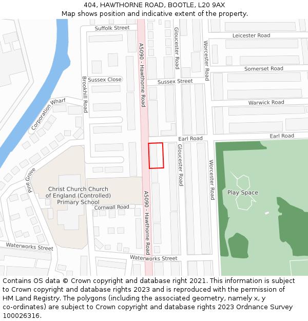 404, HAWTHORNE ROAD, BOOTLE, L20 9AX: Location map and indicative extent of plot