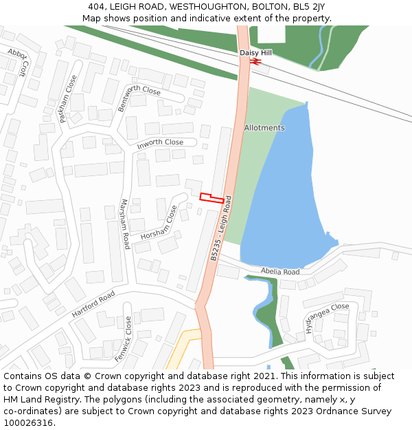 404, LEIGH ROAD, WESTHOUGHTON, BOLTON, BL5 2JY: Location map and indicative extent of plot