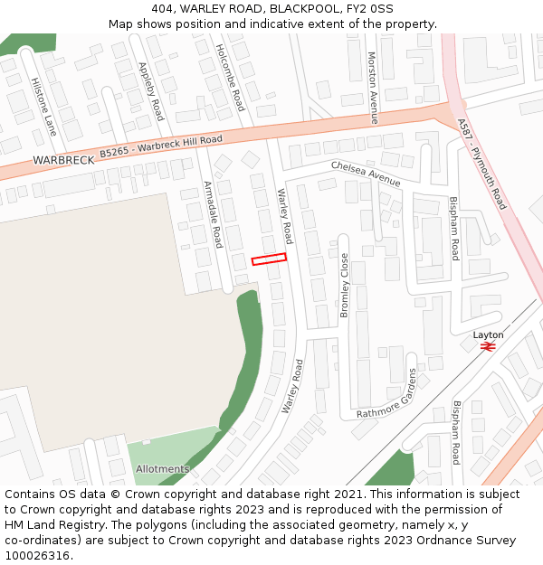 404, WARLEY ROAD, BLACKPOOL, FY2 0SS: Location map and indicative extent of plot