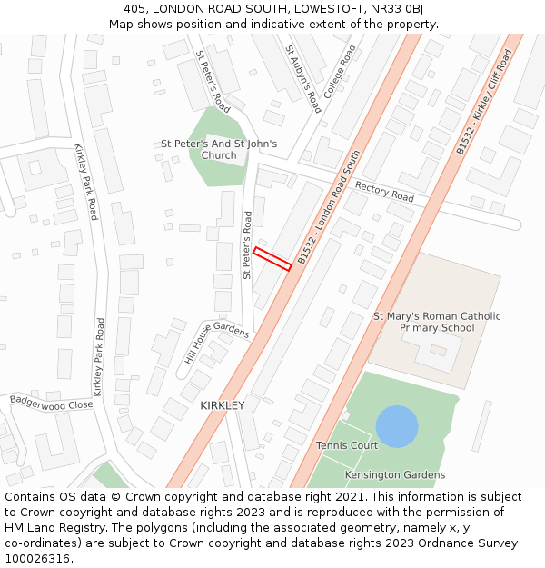 405, LONDON ROAD SOUTH, LOWESTOFT, NR33 0BJ: Location map and indicative extent of plot