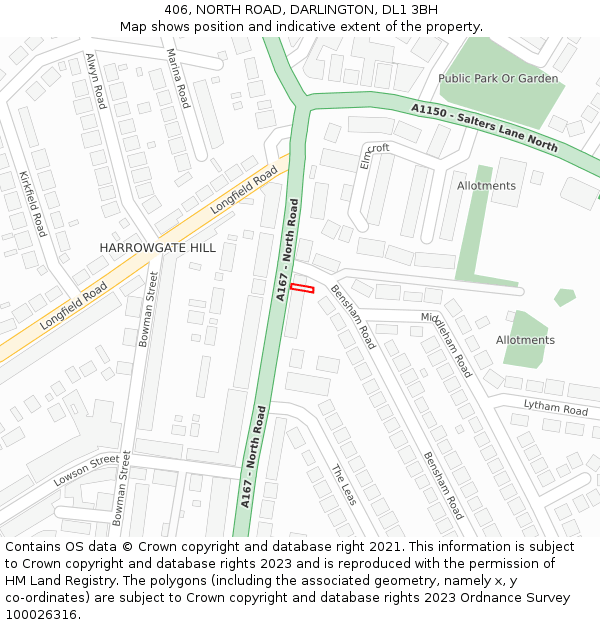 406, NORTH ROAD, DARLINGTON, DL1 3BH: Location map and indicative extent of plot