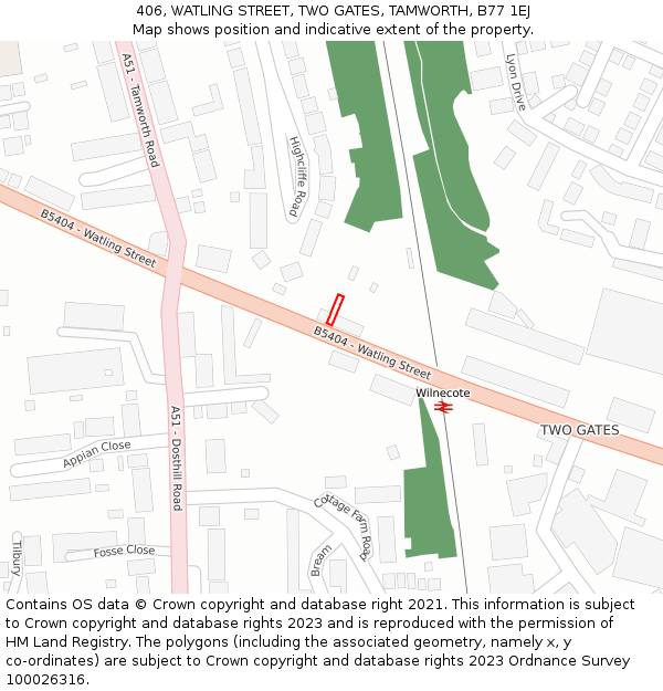 406, WATLING STREET, TWO GATES, TAMWORTH, B77 1EJ: Location map and indicative extent of plot
