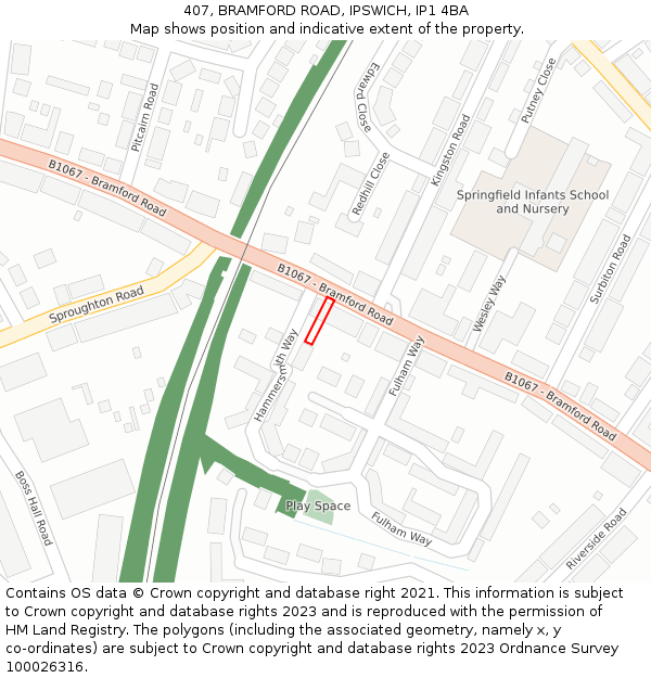 407, BRAMFORD ROAD, IPSWICH, IP1 4BA: Location map and indicative extent of plot