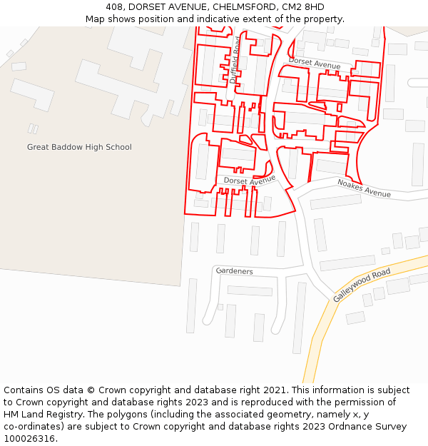 408, DORSET AVENUE, CHELMSFORD, CM2 8HD: Location map and indicative extent of plot