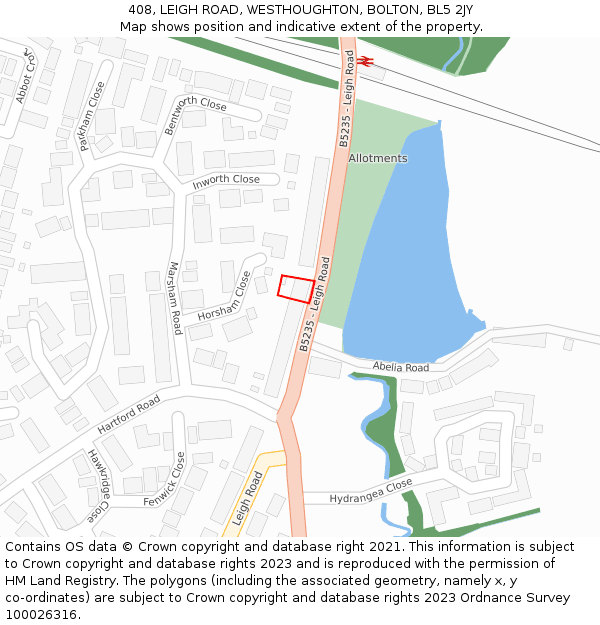 408, LEIGH ROAD, WESTHOUGHTON, BOLTON, BL5 2JY: Location map and indicative extent of plot