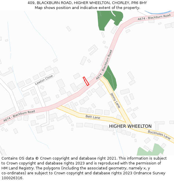 409, BLACKBURN ROAD, HIGHER WHEELTON, CHORLEY, PR6 8HY: Location map and indicative extent of plot