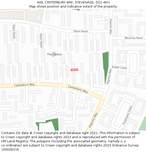409, CANTERBURY WAY, STEVENAGE, SG1 4EH: Location map and indicative extent of plot