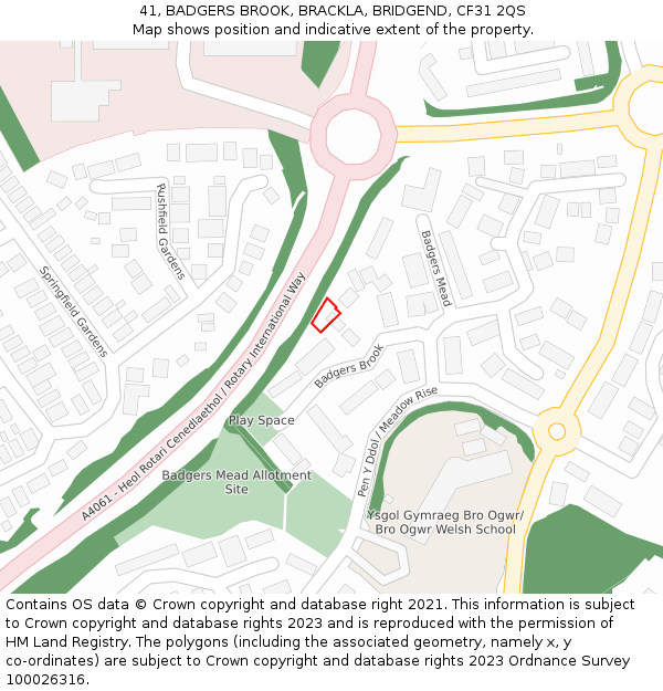 41, BADGERS BROOK, BRACKLA, BRIDGEND, CF31 2QS: Location map and indicative extent of plot
