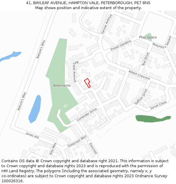 41, BAYLEAF AVENUE, HAMPTON VALE, PETERBOROUGH, PE7 8NS: Location map and indicative extent of plot