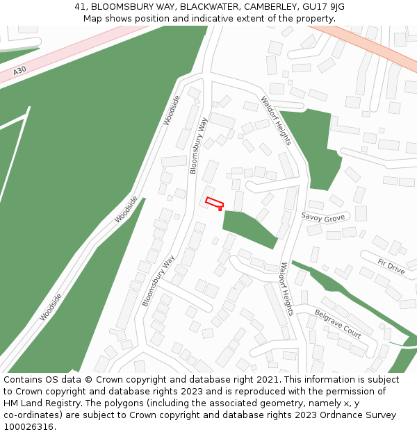 41, BLOOMSBURY WAY, BLACKWATER, CAMBERLEY, GU17 9JG: Location map and indicative extent of plot