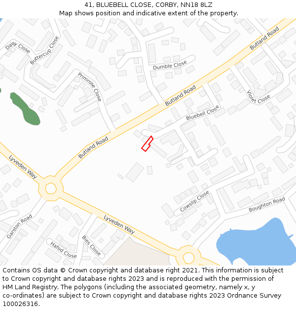 41, BLUEBELL CLOSE, CORBY, NN18 8LZ: Location map and indicative extent of plot