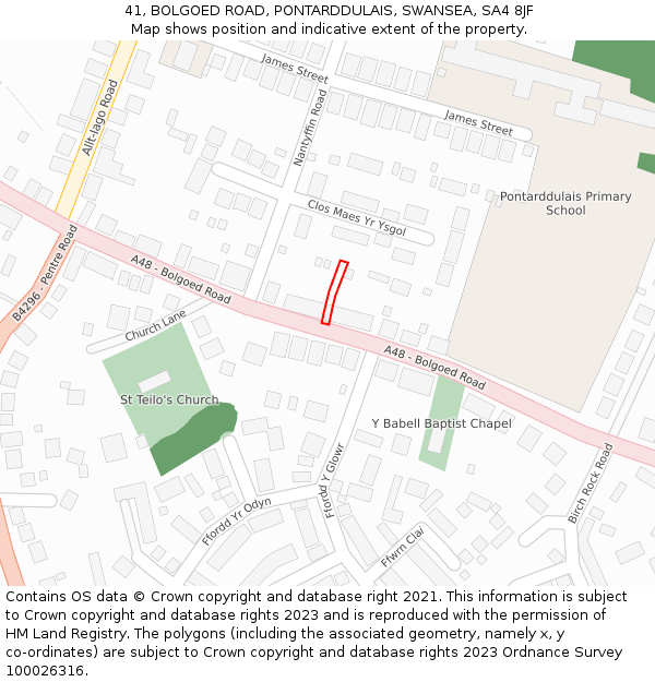 41, BOLGOED ROAD, PONTARDDULAIS, SWANSEA, SA4 8JF: Location map and indicative extent of plot
