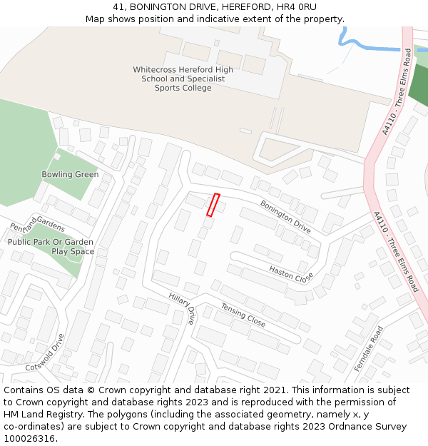 41, BONINGTON DRIVE, HEREFORD, HR4 0RU: Location map and indicative extent of plot