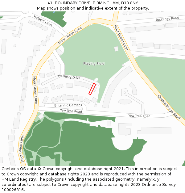 41, BOUNDARY DRIVE, BIRMINGHAM, B13 8NY: Location map and indicative extent of plot