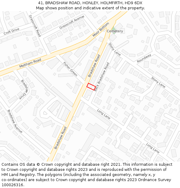 41, BRADSHAW ROAD, HONLEY, HOLMFIRTH, HD9 6DX: Location map and indicative extent of plot