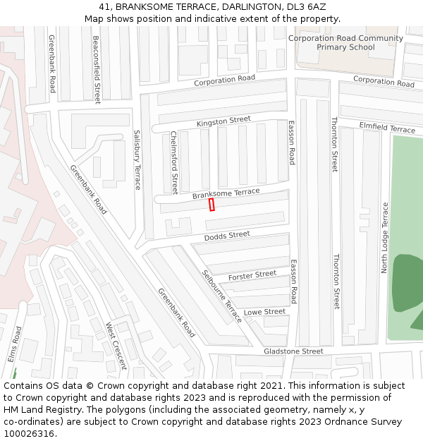 41, BRANKSOME TERRACE, DARLINGTON, DL3 6AZ: Location map and indicative extent of plot
